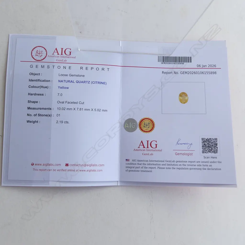 CITRINE & CZ SILVER PLATE DRESS RING, AIG CERT SIZE Q Image 1++