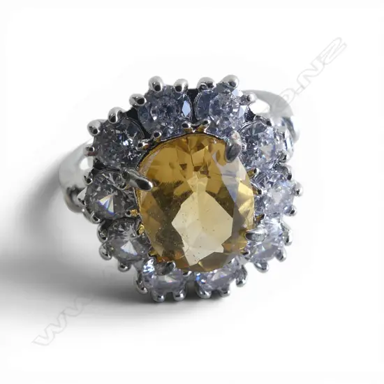 CITRINE & CZ SILVER PLATE DRESS RING, AIG CERT SIZE Q