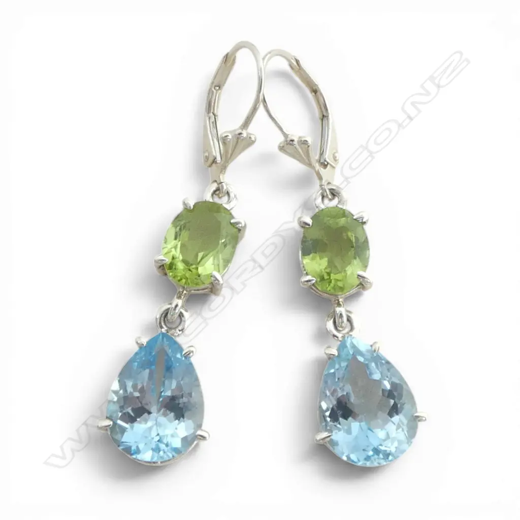 PR SILVER PERIDOT & SWISS BLUE TOPAZ EARRINGS, continental locks Image 1++