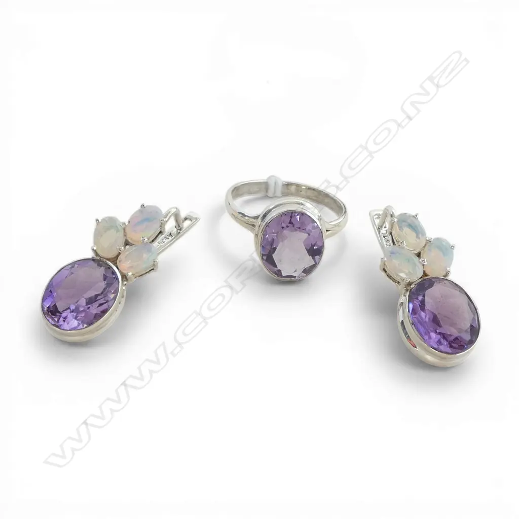 PR SILVER OPAL & AMETHYST EARRINGS & MATCHING AMETHYST RING Image 1++
