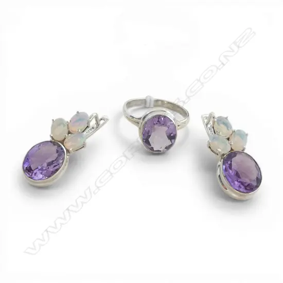PR SILVER OPAL & AMETHYST EARRINGS & MATCHING AMETHYST RING