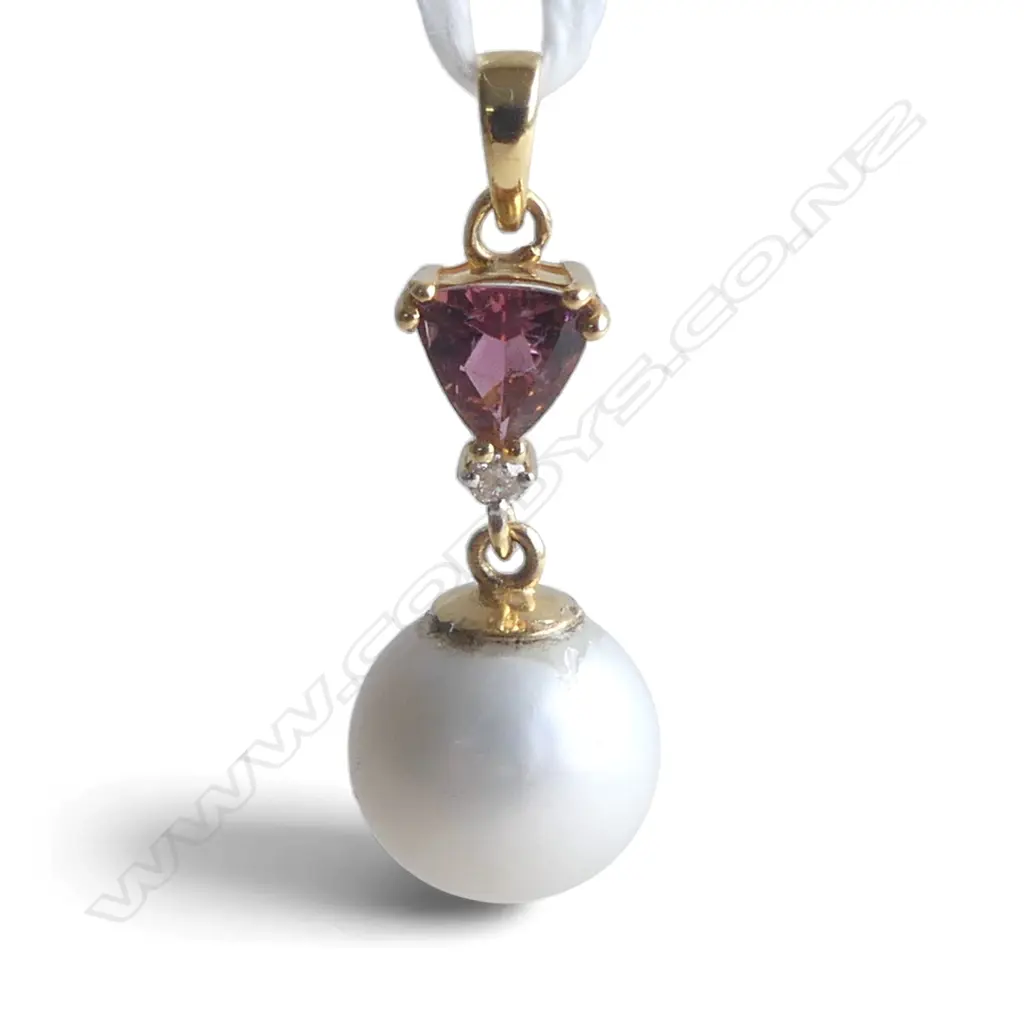 14ct DIAMOND, TOURMALINE & PEARL PENDANT Image 1++