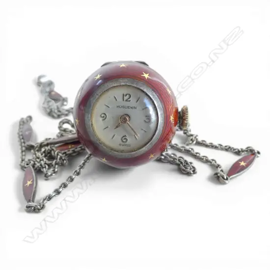 VINTAGE HUGUENIN SWISS SILVER & ENAMEL BALL PENDANT WATCH on ENAMELLED SILVER CHAIN