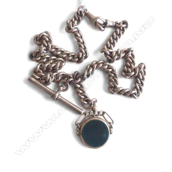 c1900 9ct ROSE GOLD CURB LINK ALBERT CHAIN w T-bar + 9ct spinner w 2 clips. 28.2gms