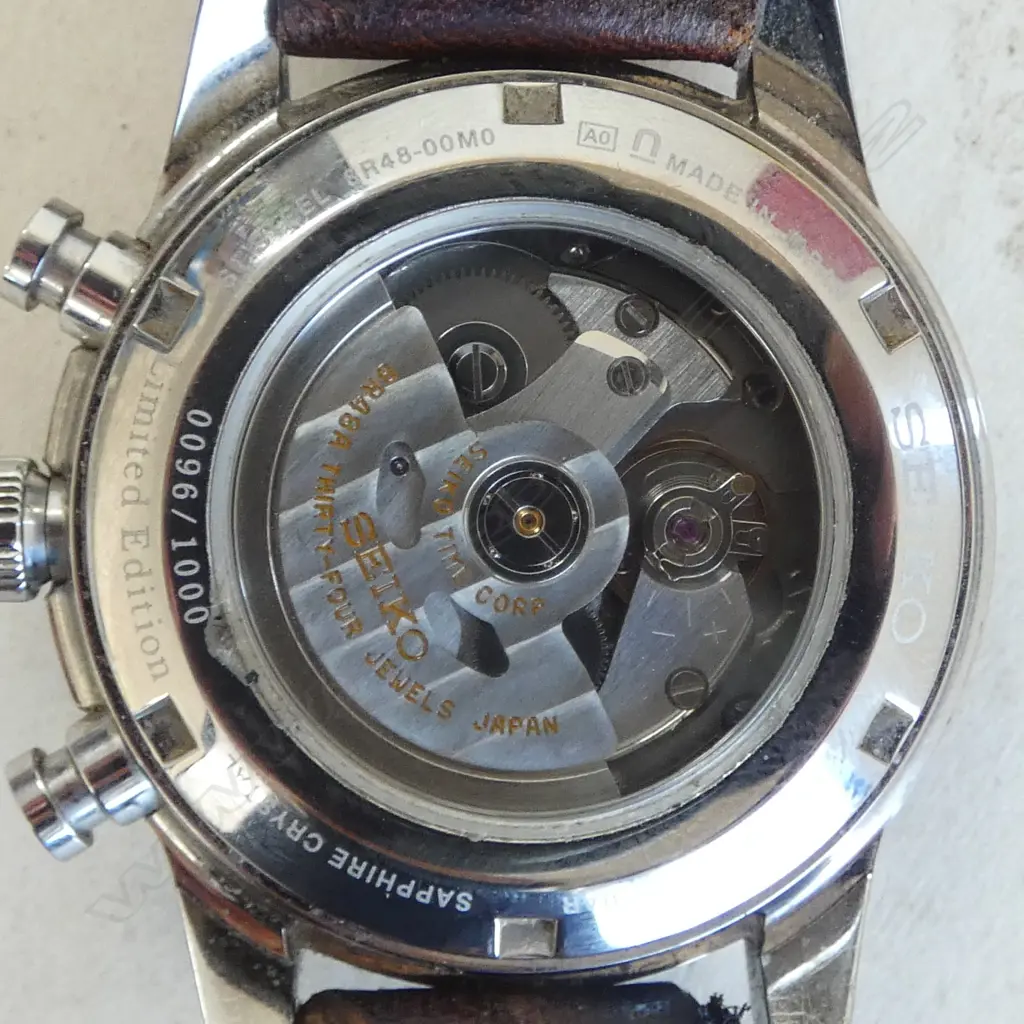 SEIKO CHRONOGRAPH 55th ANNIVERSARY 'PRESAGE' WRISTWATCH Ltd. Ed. 96/1000 w. custom strap, booklet, card & shop display Image 1++