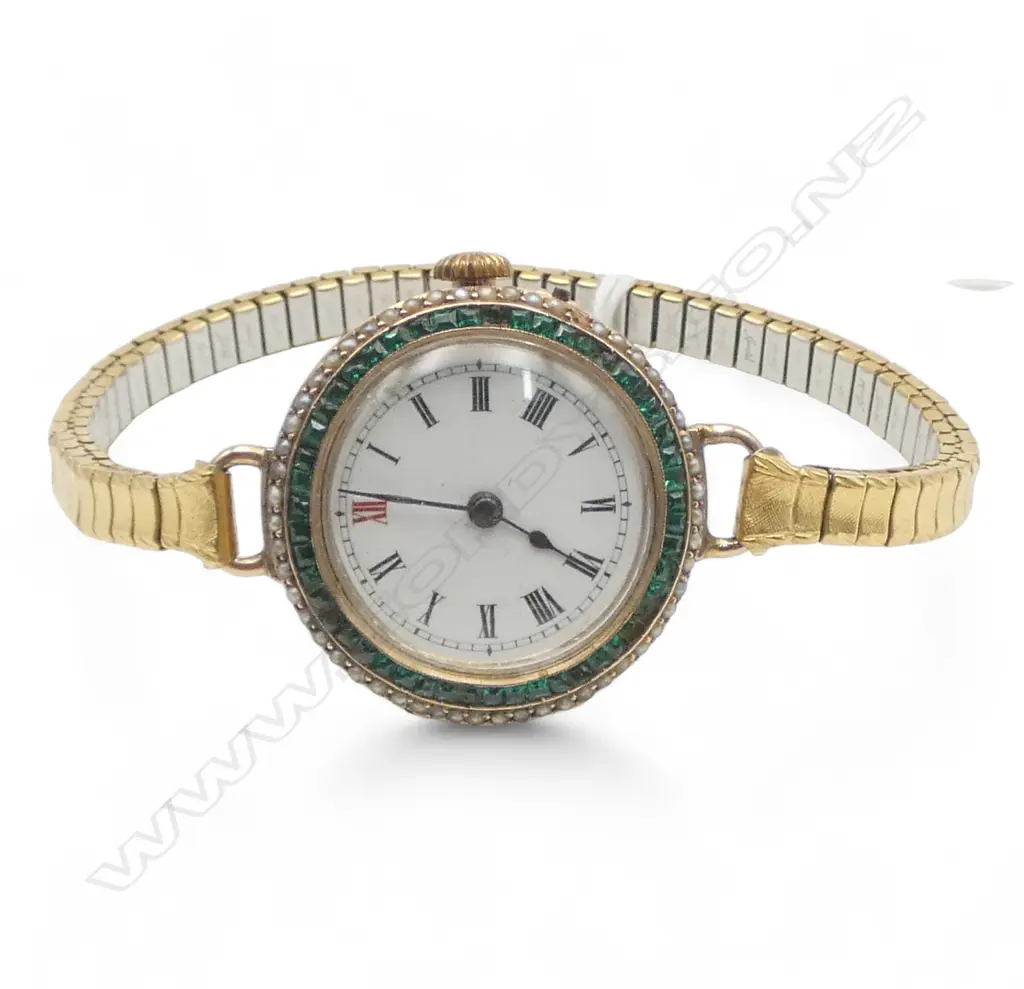 C.1910 9ct EMERALD & SEED PEARL (1 missing) some emeralds damaged SWISS ladies WRIST WATCH later plated strap. Running Image 1++