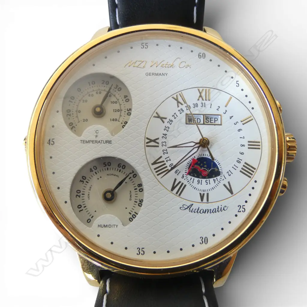 MZI WATCH COMPANY AUTOMATIC WRISTWATCH temperature and humidity indicators, box w. manual & int. warranty Image 1++