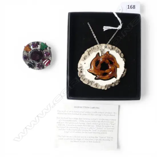 CARVED 'DEER BUTTON' ANTLER PENDANT with 3 dolphin center + Scottish costume jewellery brooch  