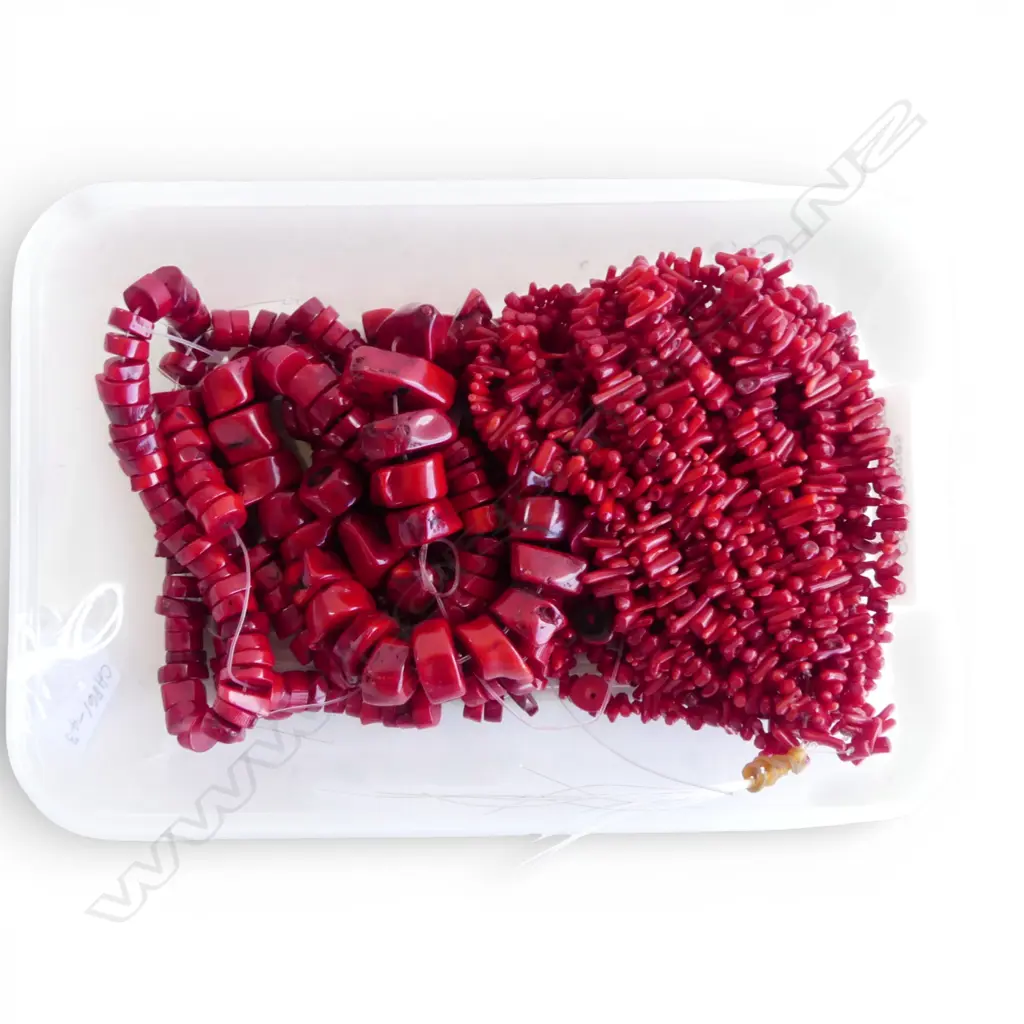 STRUNG DYED CORAL BEADS & HANK 5 STRINGS RED CORAL BEAD BRANCHES, new old stock Image 1++