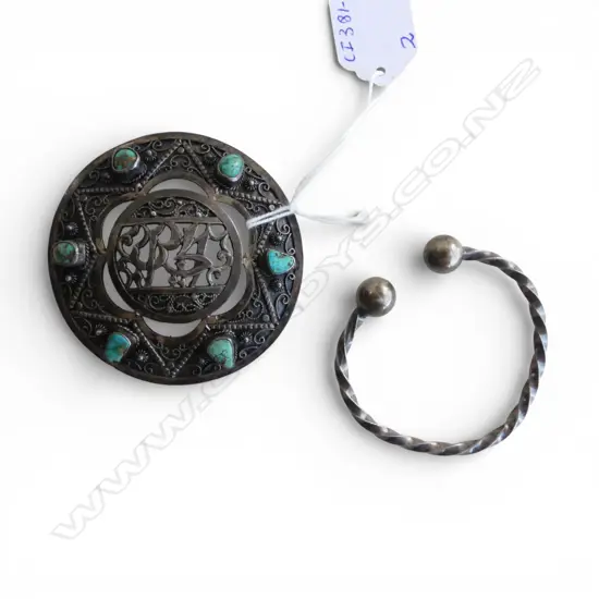 EASTERN SILVER FILIGREE BROOCH with TURQUOISE D. 75mm (TESTING 96% SILVER, 34g) PLUS SILVER BANGLE (testing .925, 19g)