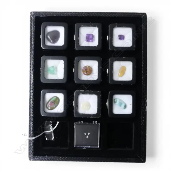 BOX GEMSTONES 3 amethysts/2 opals/1 citrine/1 fluorite/1 malachite?/1 Jasper etc From estate of Jeweller Simon Misdale