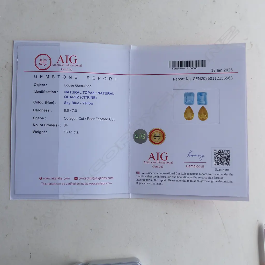 GEMSTONE EARRING SET; PR BLUE TOPAZ OCTAGON CUT & CITRINE PEAR DROPS, AIG CERT Image 1++