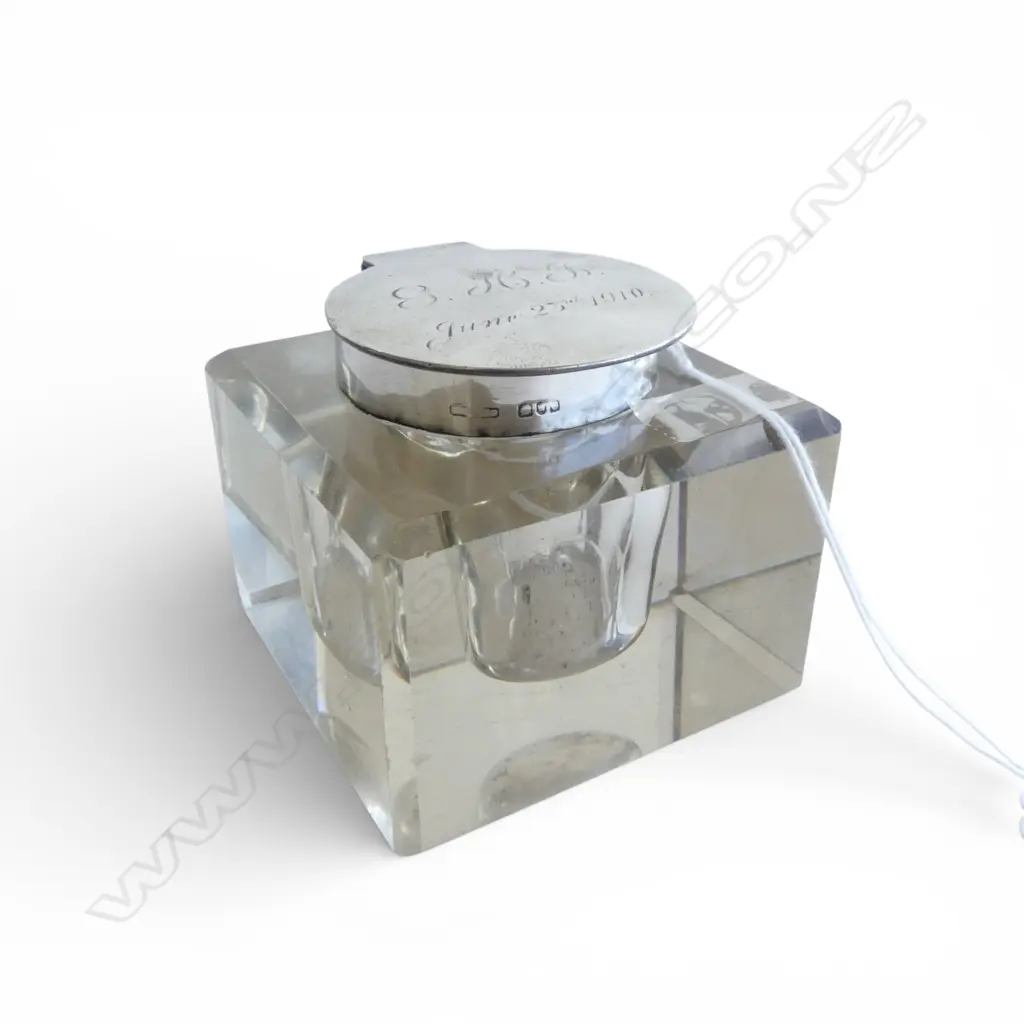 EARLY 20thC STG SILVER CAP GLASS INKWELL glass chips H.70mm Image 1++