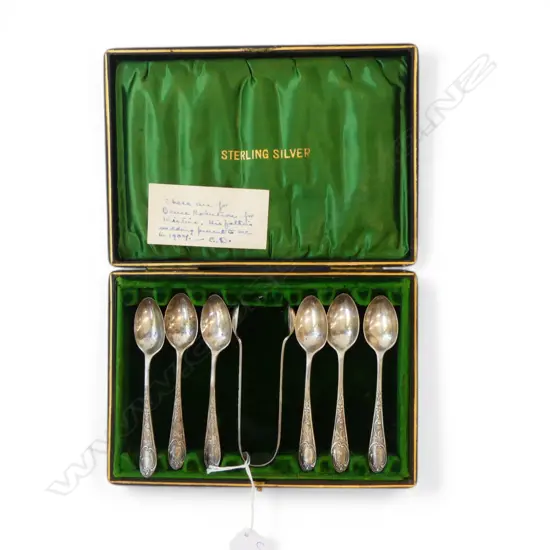 6 STG SILVER TEASPOONS + TONGS, CASED, SHEFFIELD 1904 97gms