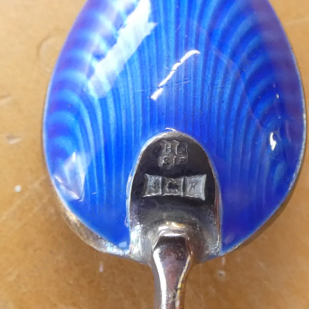 CASED SET OF 6 20thC ENGLISH STG SILVER & ENAMEL SPOONS 62gms Image 1++