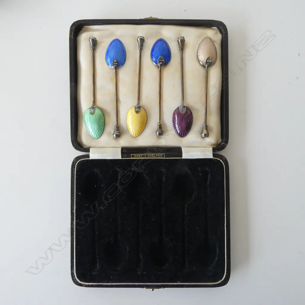 CASED SET OF 6 20thC ENGLISH STG SILVER & ENAMEL SPOONS 62gms Image 1++