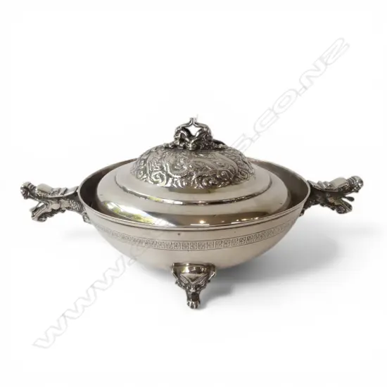 LRG PLATED LIDDED DISH w DRAGON HANDLES, Dia.300mm