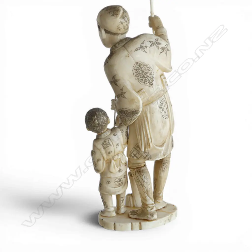 EARLY 20thC CHINESE CARVED IVORY FISHERMAN with his son. Holding pole high. H.275mm to top of pole Image 1++