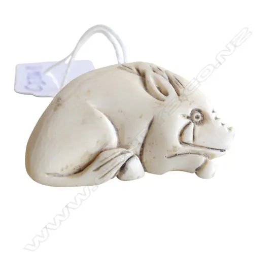 OLD JAPANESE CARVED IVORY SEATED BOAR NETSUKE signed. H.42mm