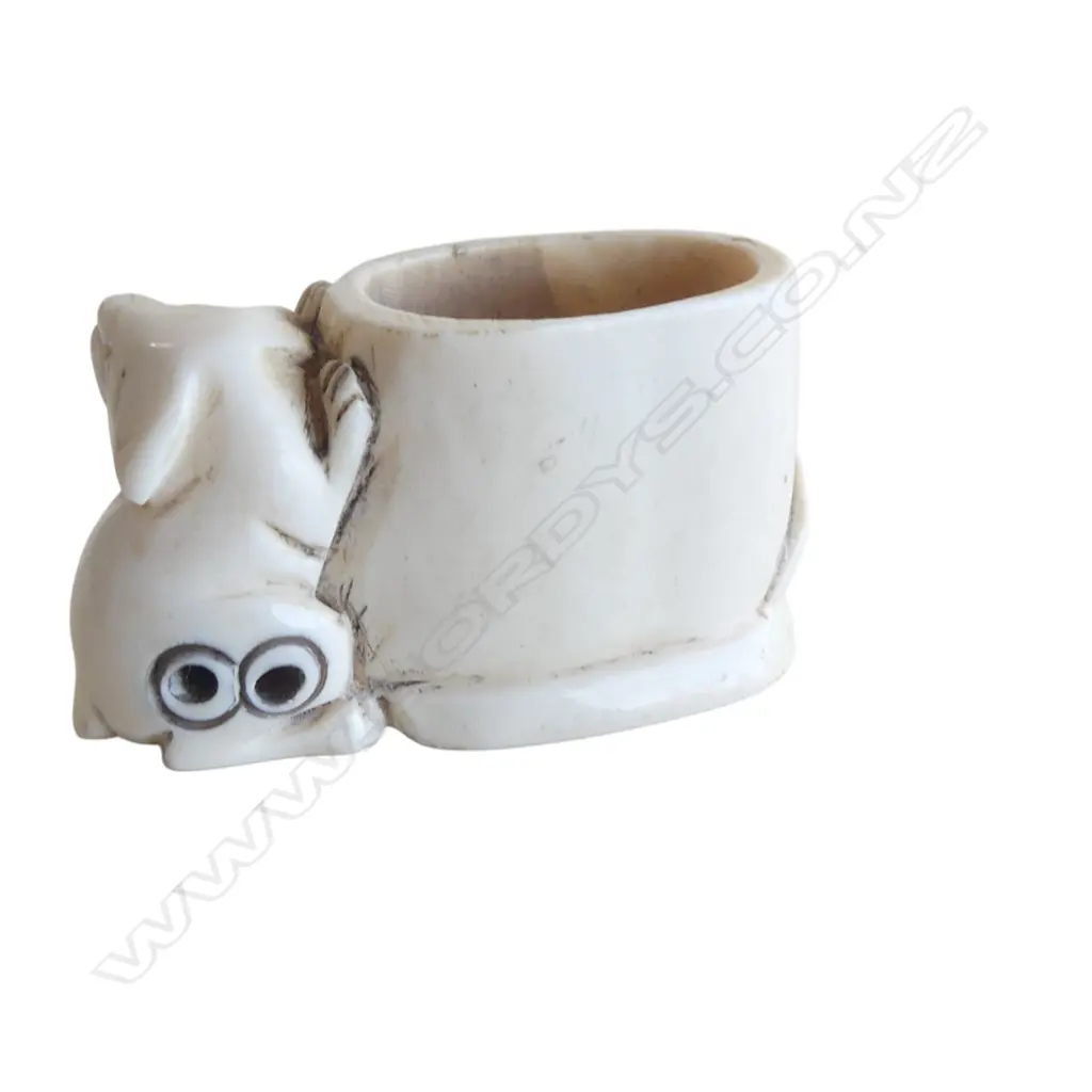 OLD JAPANESE CARVED IVORY NETSUKE cylinder form w puppy beside  signed. Image 1++