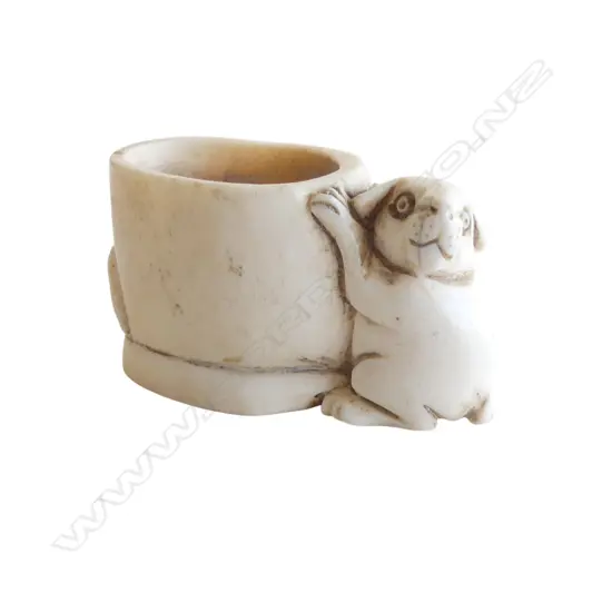 OLD JAPANESE CARVED IVORY NETSUKE cylinder form w puppy beside  signed.