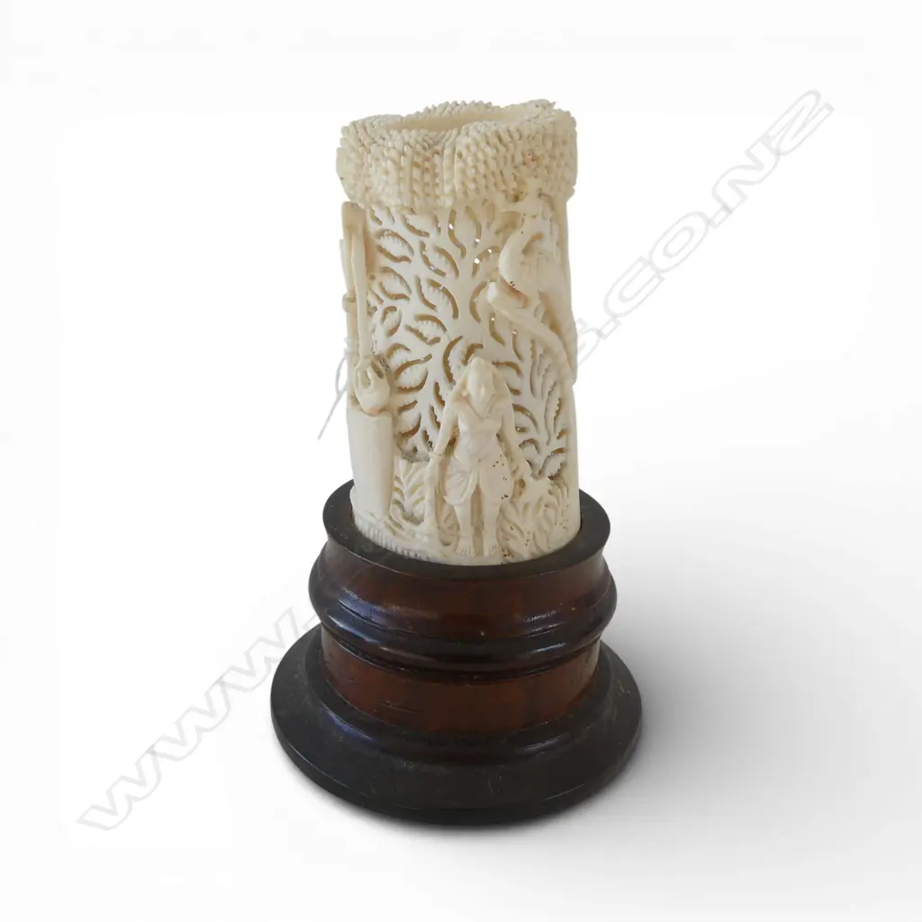 CARVED IVORY TUSK ON WOODEN STAND H.130mm Image 1++