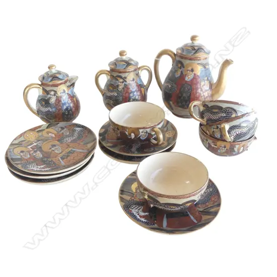 VINTAGE SATSUMA PART TEA SERVICE two pots, sugar, six saucers, five cups FAULTS