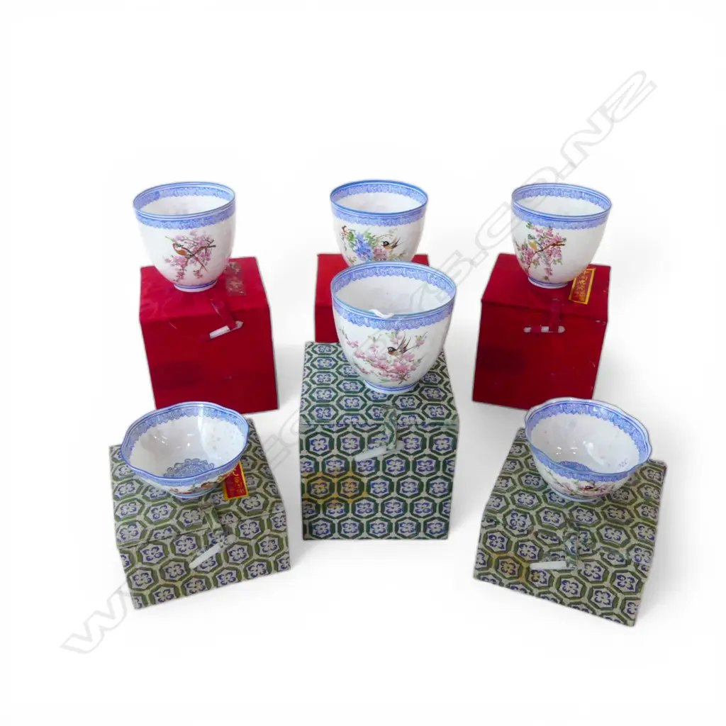 COLLECTION OF 6 BOXED CHINESE EGGSHELL CHINA TEA BOWLS DIA 80MM Image 1++