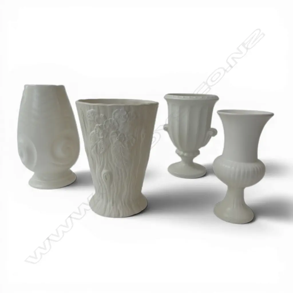 4 WHT VINTAGE VASES, 3 ENGLISH & 1 CROWN LYNN #.546. H.250mm tallest Image 1++