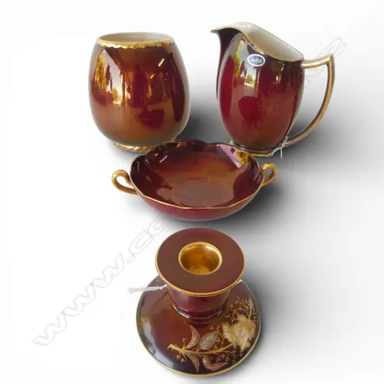 4 PCS ROUGE ROYAL CARLTONWARE JUG H140 VASE H130 DISH DIA120 & CANDLESTICK H50MM