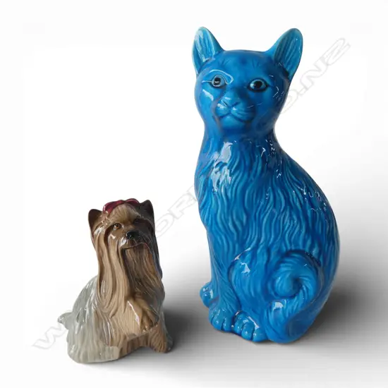 2 CERAMIC ANIMALS; BLUE CAT H.280mm & BESWICK YORKSHIRE TERRIER