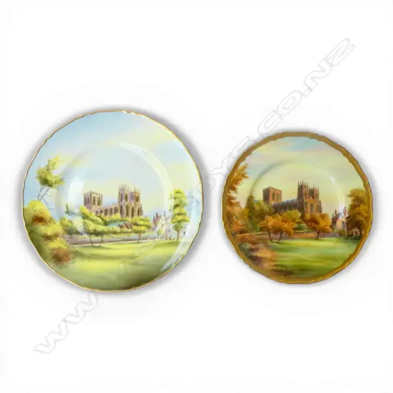 2 ROYAL WORCESTER HAND FINISHED CABINET PLATES OF YORK MINSTER, SIGNED R. RUSHTON 235mm & D. SHINNIE 275mm dia