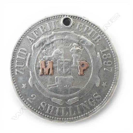 SOUTH AFRICA REPUBLIC 1897 SILVER TWO SHILLINGS (initials MP in gold)
