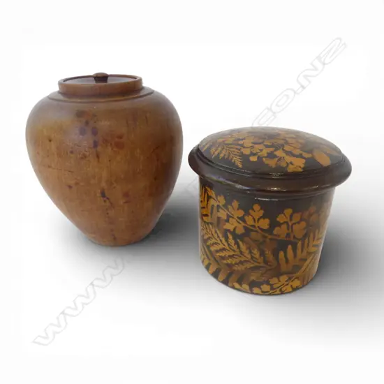 2 LIDDED CONTAINERS; ANTIQUE FERNWARE & TREEN H.120mm