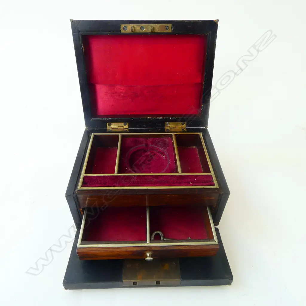 VICTORIAN BURR WALNUT JEWELLERY BOX, DROP FRONT w. DRAWER & KEY W.145mm Image 1++