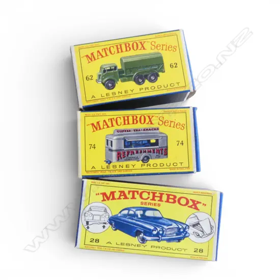 THREE MATCHBOX YELLOW BOX VEHICLES -  MODELS 62, 74, 28