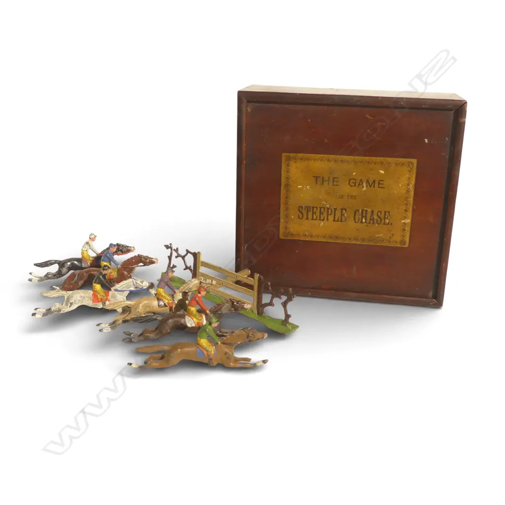 VINTAGE 'THE GAME OF THE STEEPLE CHASE' 6 LEAD JOCKEY & HORSE FIGURES + FENCE Image 1++