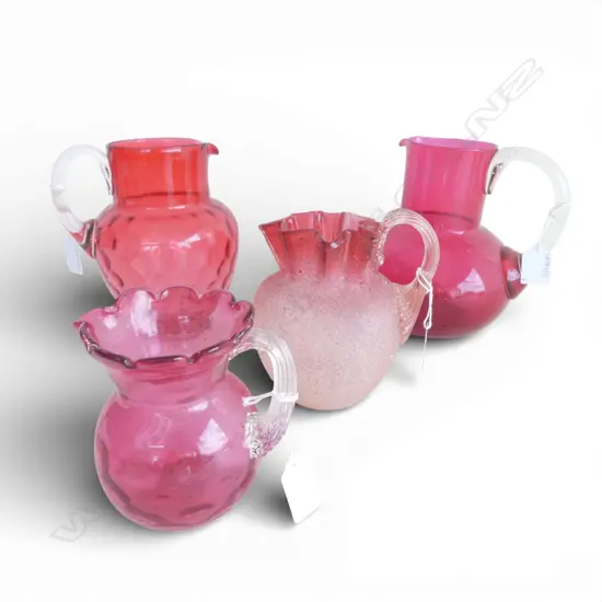 4 VINTAGE CRANBERRY GLASS JUGS H200MM TALLEST 120MM SMALLEST