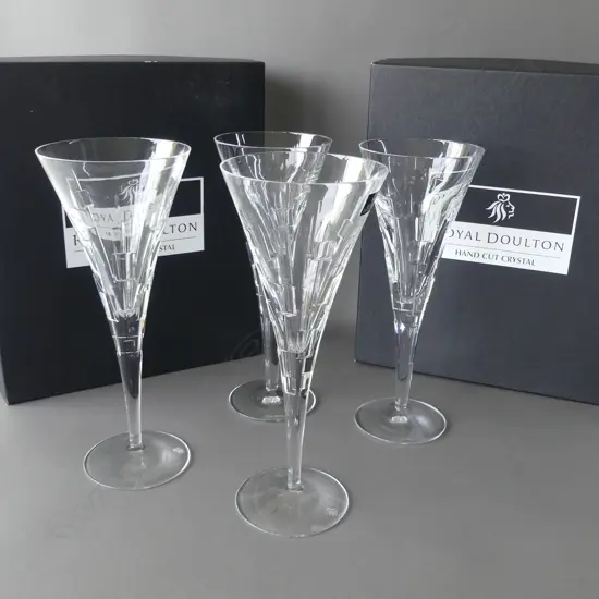 4 AS NEW BOXED R/DOULTON CRYSTAL CHAMPAGNE FLUTES