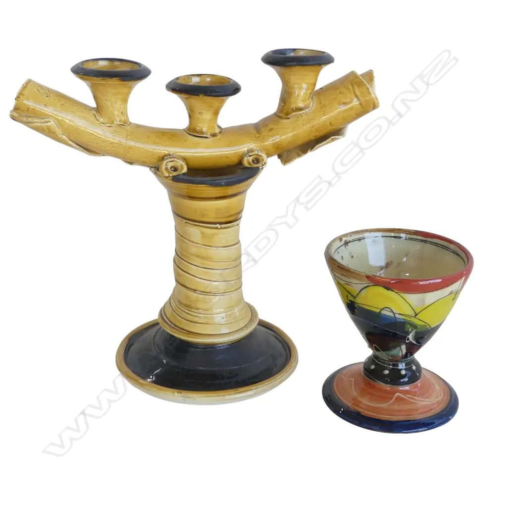 N.Z. STUDIO POTTERY CANDELABRA H.240mm + WINE CUP Ex. Anneke Borren Collection Image 1++