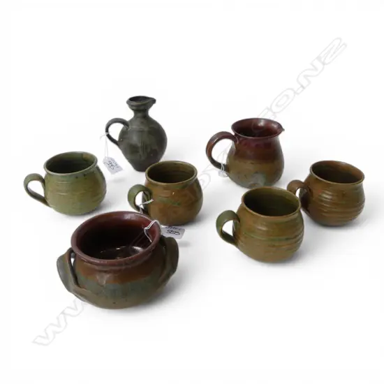 COLLECTION OF NZ STUDIO POTTERY INCL. 4 CUPS, 2 JUGS (MARK INDISTINCT ON ONE), 1 BOWL
