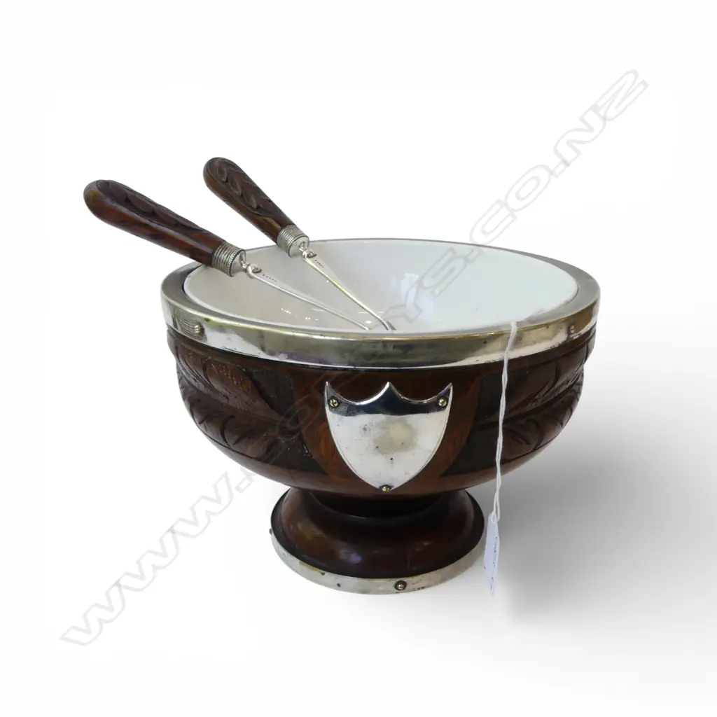    CARVED WOODEN COMPORT SALAD BOWL + SERVERS Dia.230mm Image 1++