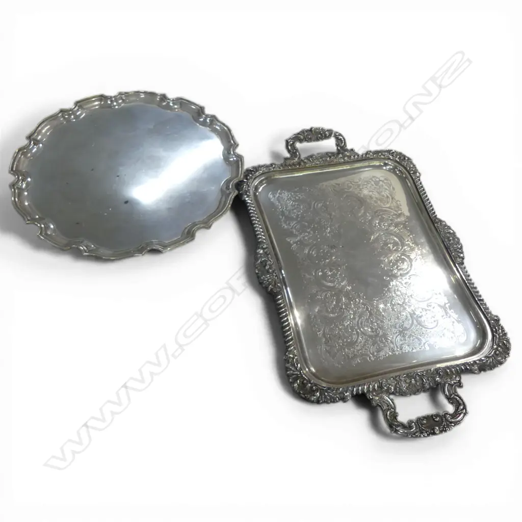 2 LG SILVER PLATE TRAYS; 410mm dia / REPRO OLD ENGLISH PLATE 365x615mm Image 1++