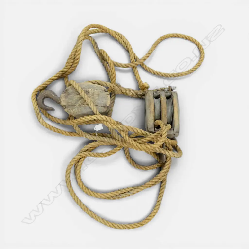 2 VINTAGE WOODEN PULLEYS & ROPE Image 1++