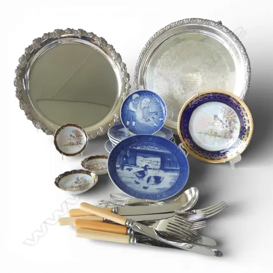 2 LG SILVER PLATE TRAYS 360mm dia, ROYAL COPENHAGEN PLATES, ASST. CUTLERY ETC