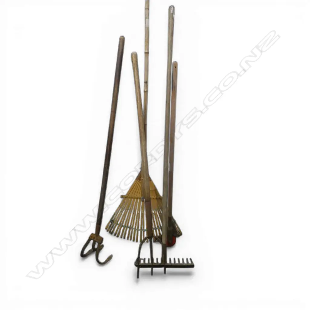 5 GARDEN TOOLS, BAMBOO RAKE, ETC Image 1++