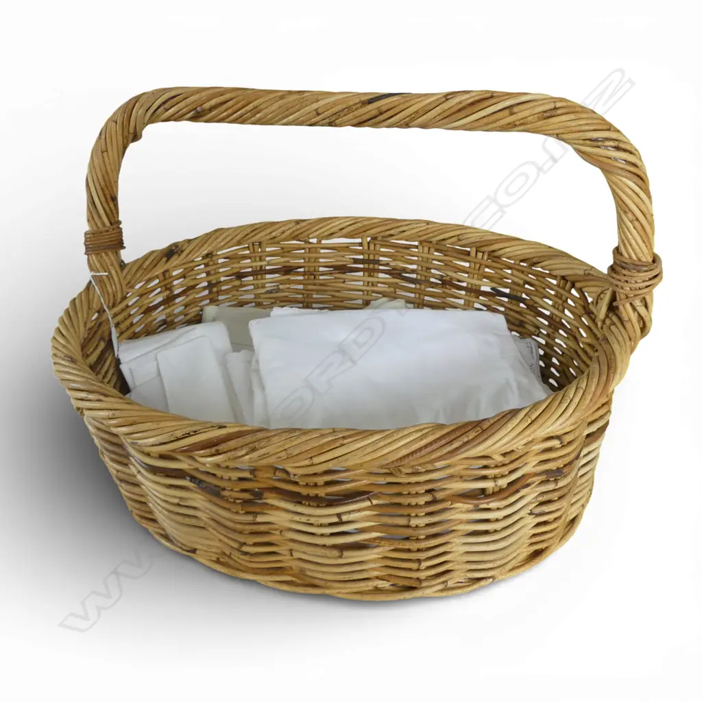 LARGE TWISTED WILLOW BASKET L650MM CONTENTS IRISH LINEN TABLE CLOTHES WHITE LINEN ETC Image 1++