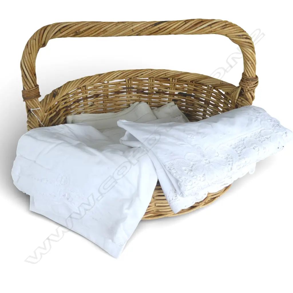 LARGE TWISTED WILLOW BASKET L650MM CONTENTS IRISH LINEN TABLE CLOTHES WHITE LINEN ETC Image 1++