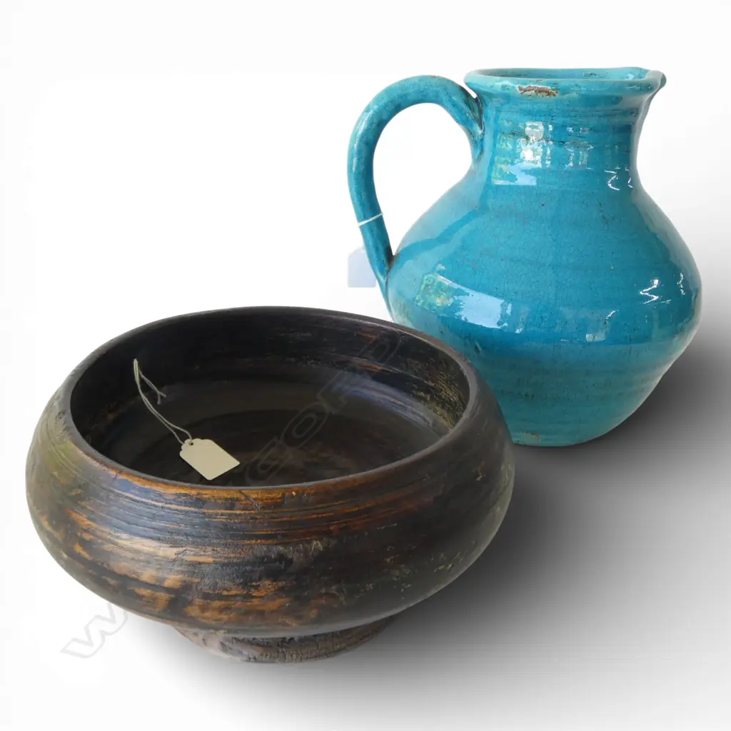 LG BLUE CRACKLE GLAZE JUG + H.290mm + TURNED WOOD BOWL Image 1++