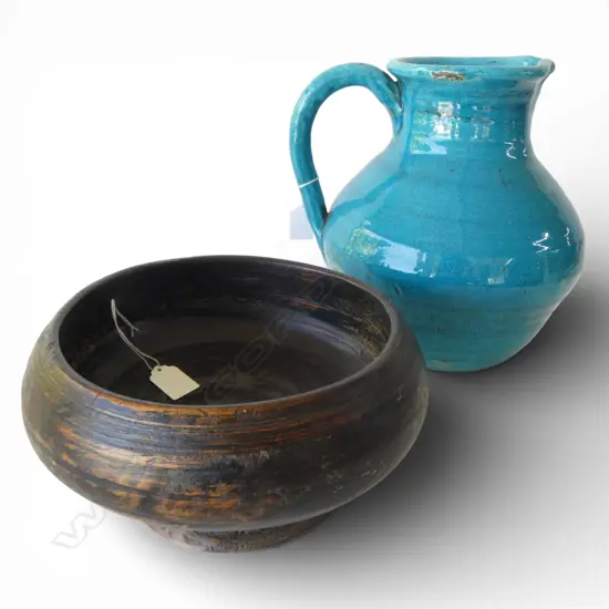 LG BLUE CRACKLE GLAZE JUG + H.290mm + TURNED WOOD BOWL